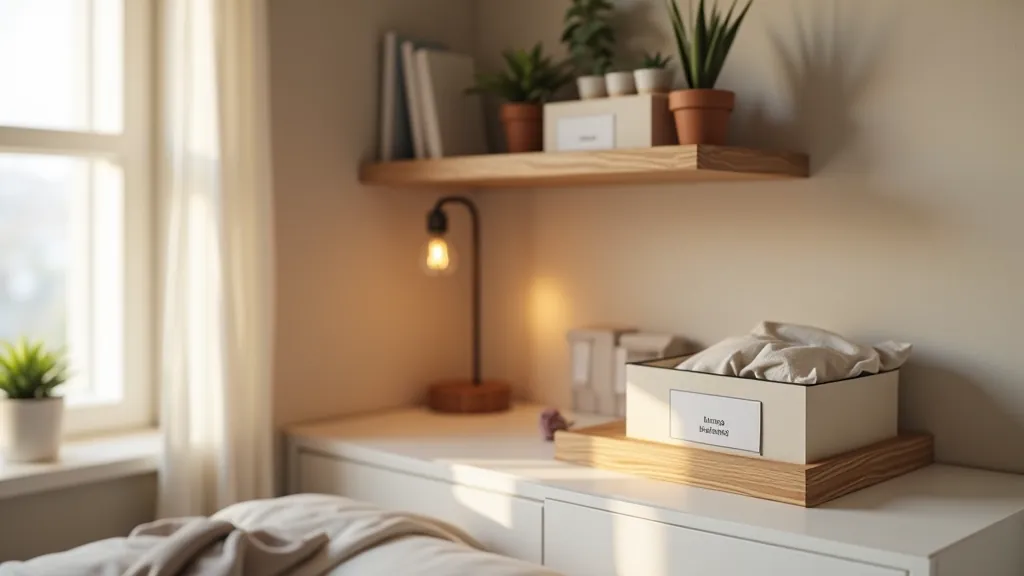 Bedroom corner with floating wooden shelves and organized storage boxes