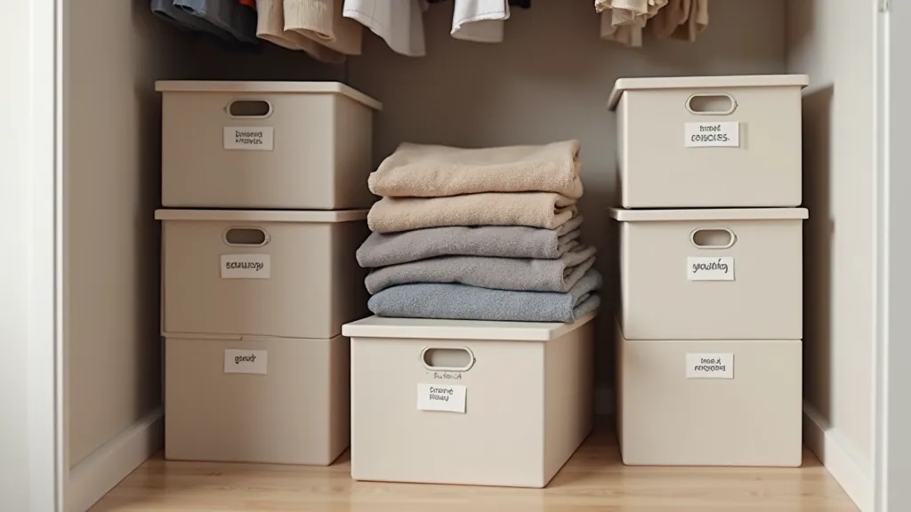 Storage boxes labeled by season stacked in closet with seasonal clothing