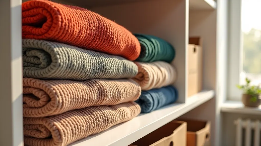 Organized closet shelving with folded sweaters and storage boxes, natural light from window