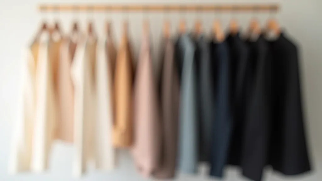 Hanging clothing organized by color, from light to dark tones on wooden closet rod
