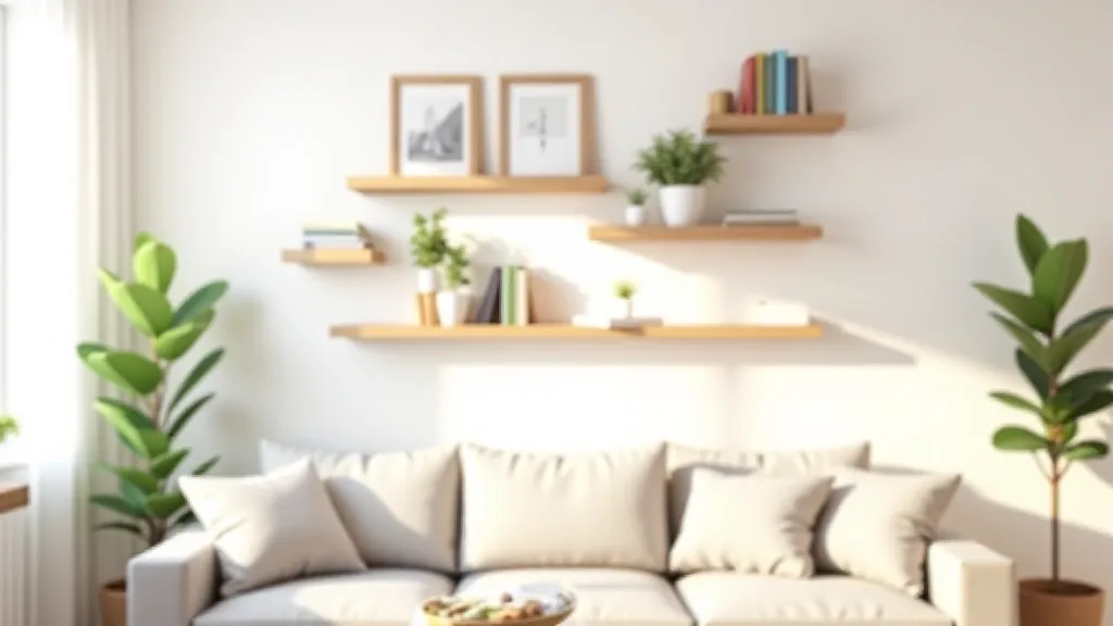 Living room wall with floating shelves displaying books and decorative items