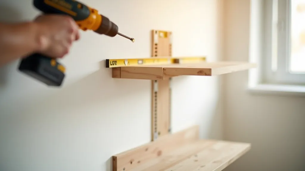 DIY installation process showing power drill, level, and bracket being secured into wall studs