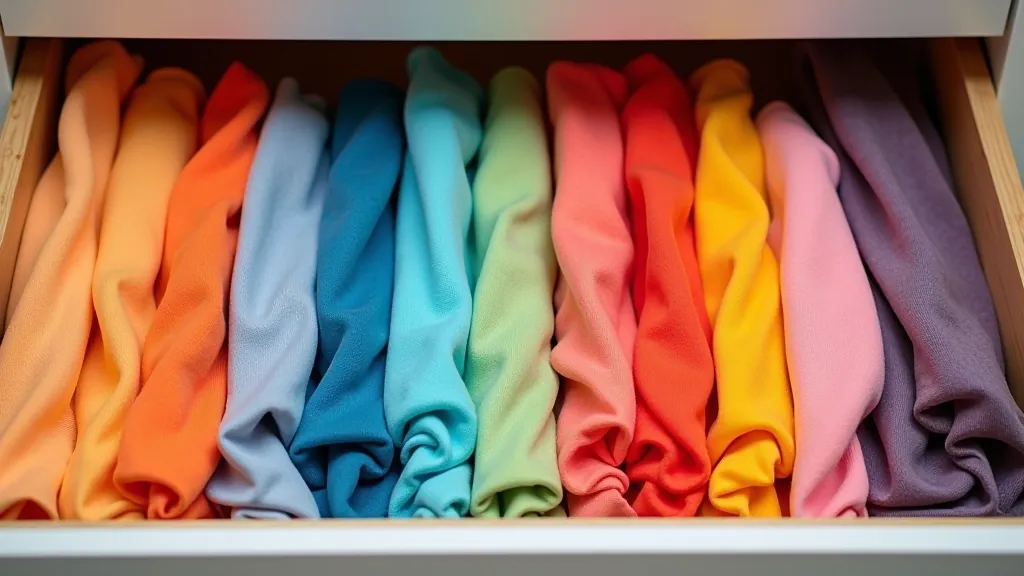 Drawer with vertically folded clothing items standing upright in organized sections