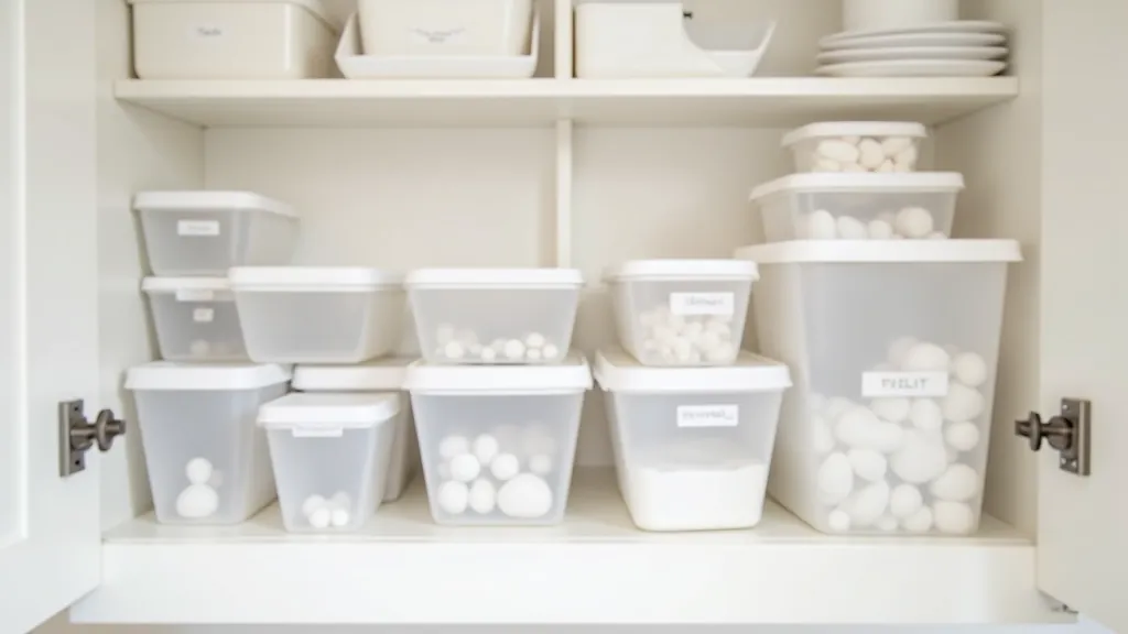 Shelf organizer products including tiered risers, drawer dividers, labeled containers, and pull-out baskets in white kitchen
