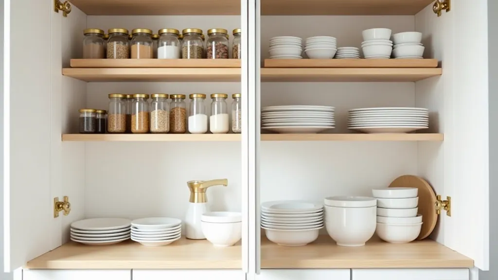 Kitchen cabinet shelves organized by zone with spice rack near cooking area, baking supplies grouped together, everyday dishes at accessible height