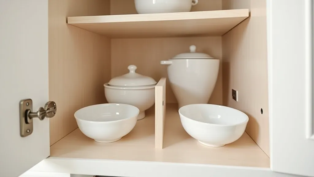 Kitchen cabinet with pull-out drawers and vertical dividers organizing plates, bowls, and serving dishes by category