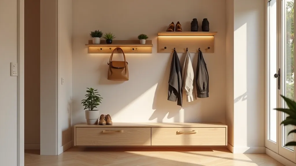 Entryway with custom storage bench and wall shelving for shoes and accessories
