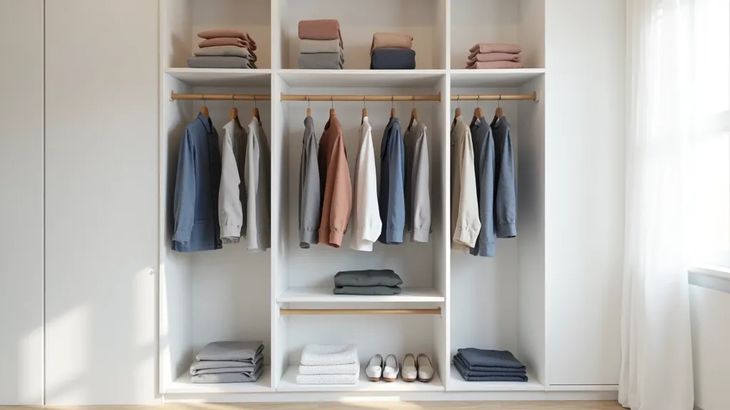 Modern bedroom with custom built-in closet organization system and white shelving