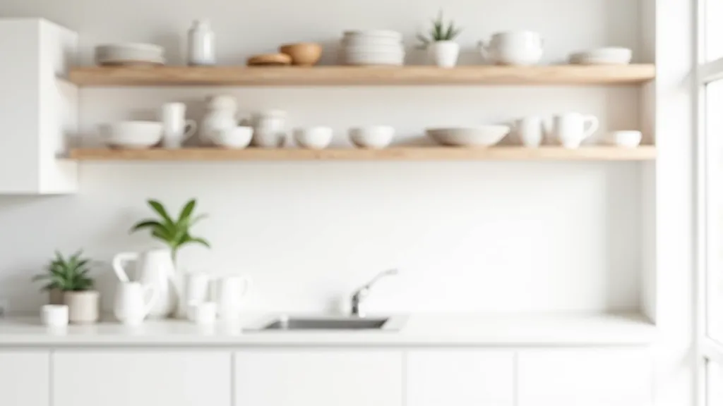 Minimalist kitchen with open shelving displaying organized dishes and kitchen items