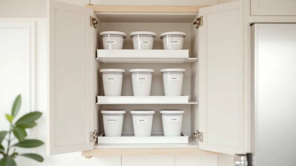 Kitchen cabinet interior with tiered shelf organizers, labeled containers, and efficient vertical storage systems