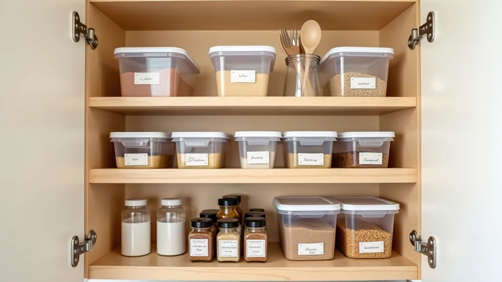 Organized kitchen cabinet shelves with clear labeled containers, tiered risers, and categorized items arranged by frequency of use