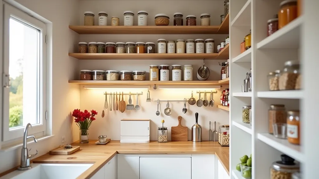 Kitchen with organized shelves, labeled containers, and utensils
