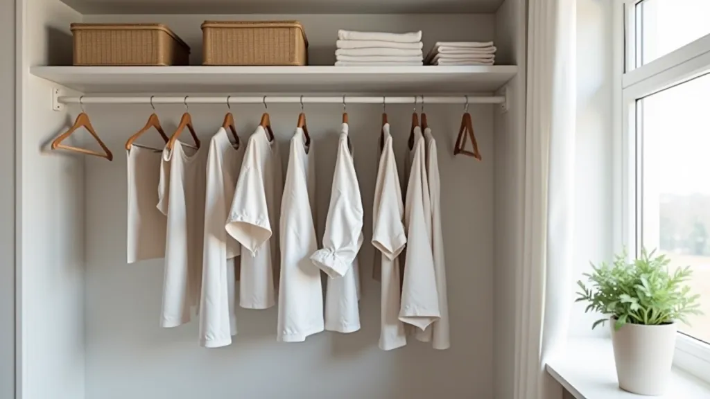 Modern bedroom closet with organized clothing on wooden hangers and white shelving units
