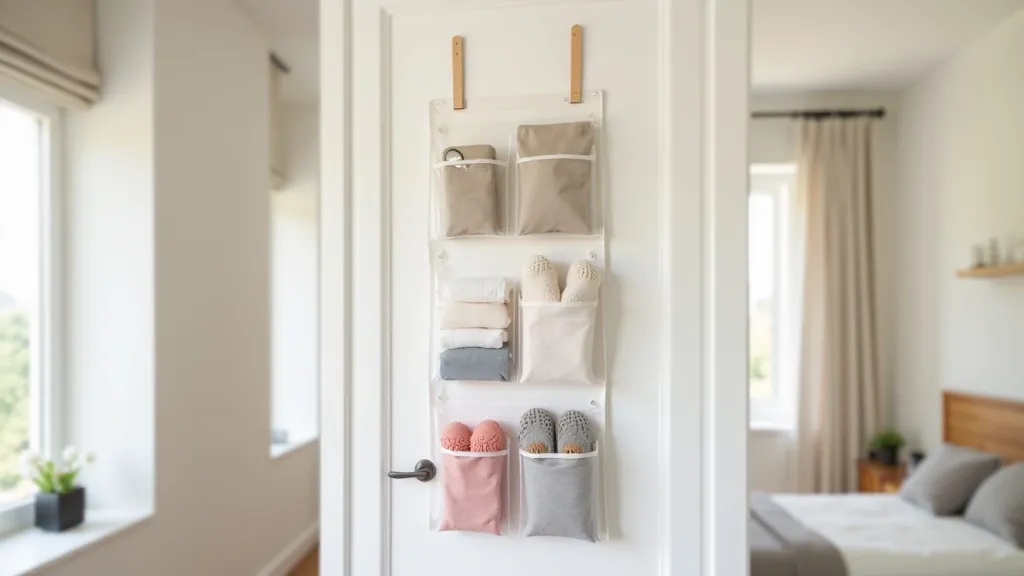 Over-door storage organizer with clear pockets mounted on interior bedroom door showing folded items