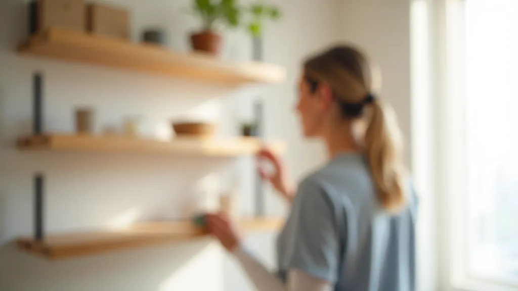 Person cleaning and dusting floating shelves with microfiber cloth, maintaining organized shelf display