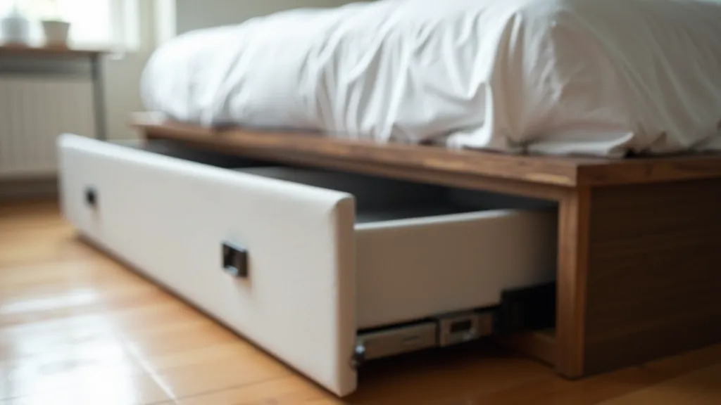 Low-profile rolling storage drawers beneath bed frame showing fabric construction and metal handles