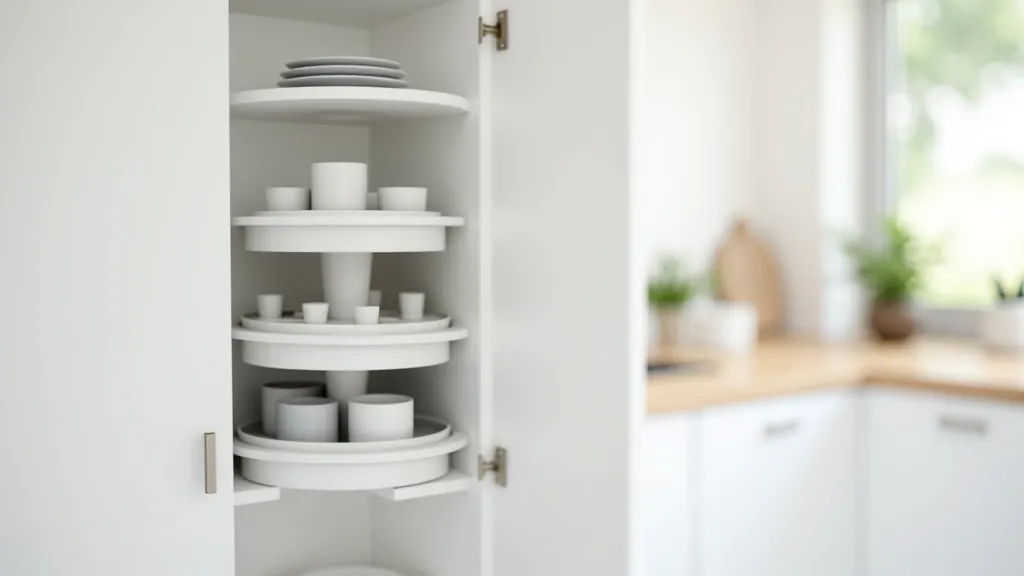Corner carousel storage unit in kitchen cabinet showing rotating access to items in back corner
