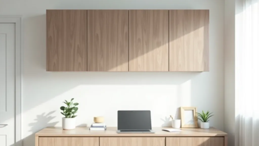 Wall-mounted cabinet above desk showing organized office supplies and small items with sliding doors