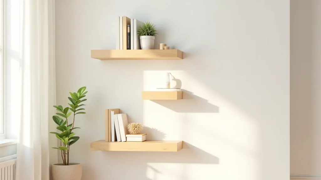 Living room corner with floating wooden shelves displaying books, plants, and decorative items in a small space