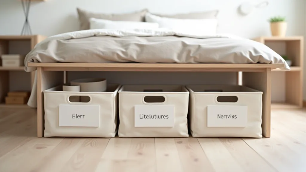 Under-bed storage containers with wooden handles and metal labels organized beneath a modern platform bed