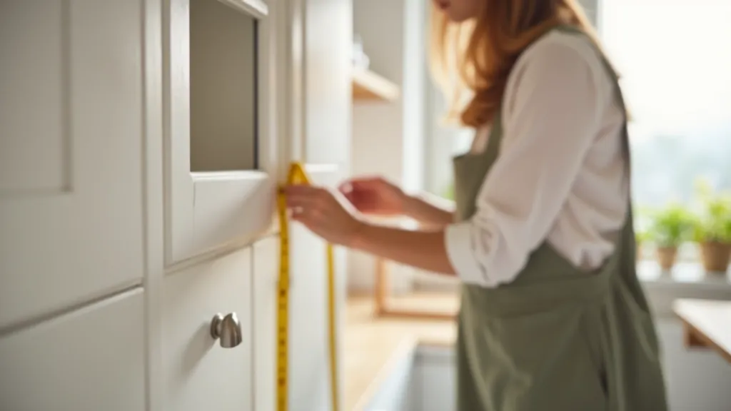 Person measuring kitchen cabinet dimensions with tape measure, writing measurements on notepad, organized workspace with notebook