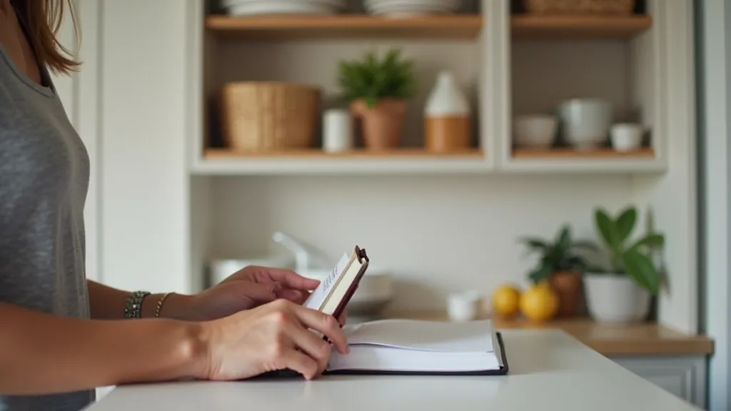 Person organizing kitchen cabinet with notebook checklist, checking expiration dates on food items, restocking shelves